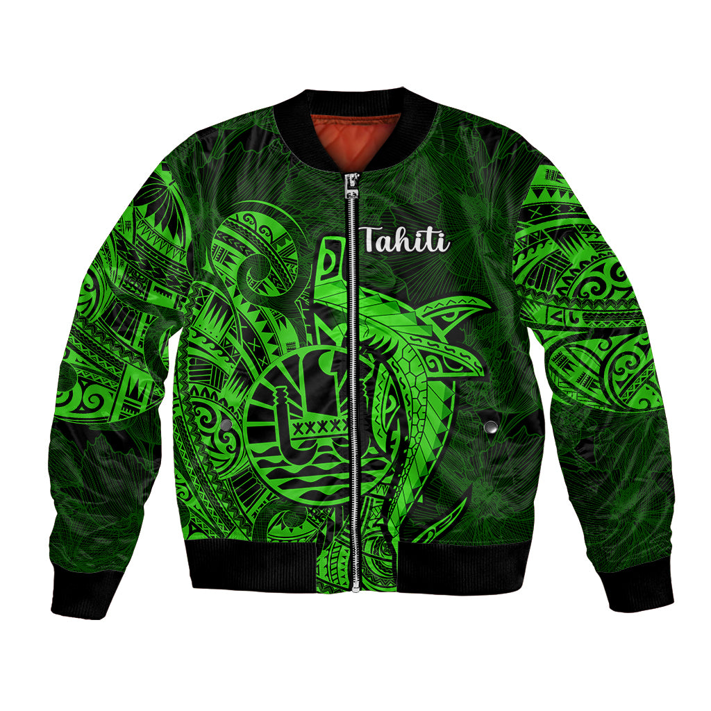 French Polynesia Tahiti Bomber Jacket Polynesian Shark Tattoo With Hibiscus Green Version LT14 Unisex Green - Polynesian Pride