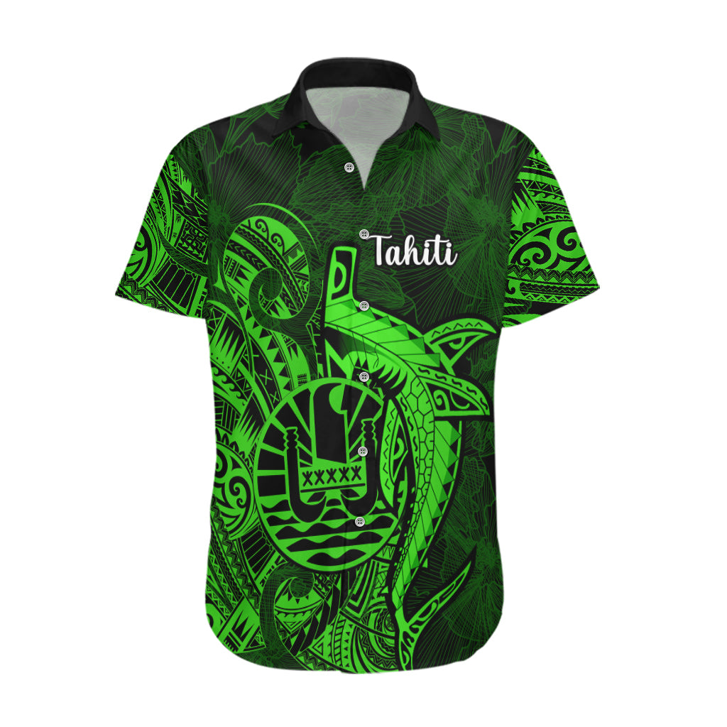 French Polynesia Tahiti Hawaiian Shirt Polynesian Shark Tattoo With Hibiscus Green Version LT14 Green - Polynesian Pride