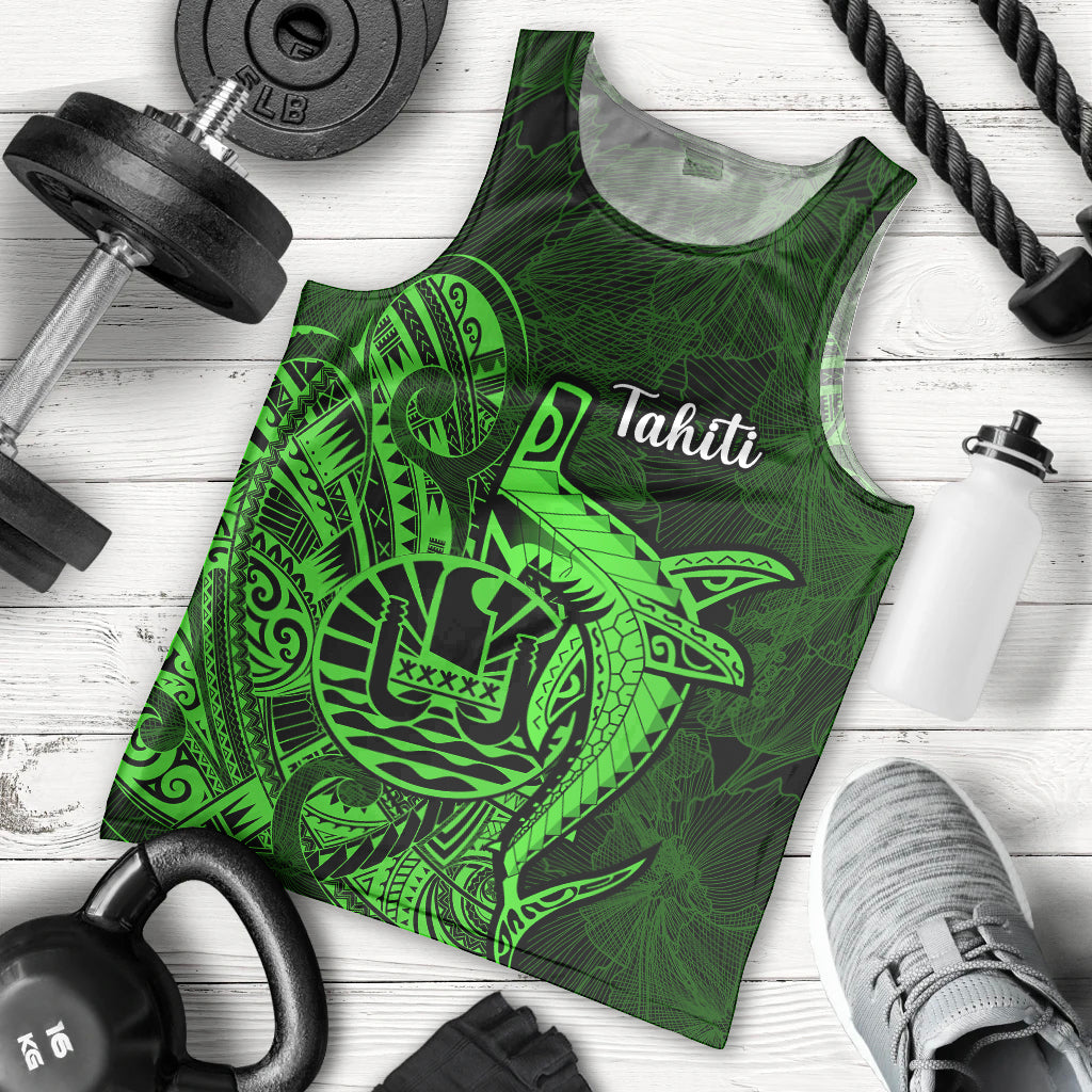 French Polynesia Tahiti Men Tank Top Polynesian Shark Tattoo With Hibiscus Green Version LT14 Green - Polynesian Pride