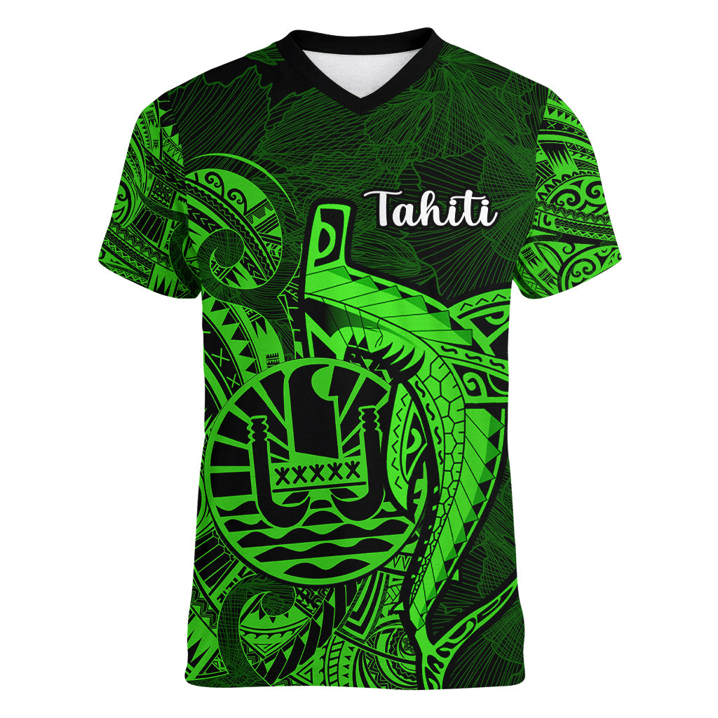 French Polynesia Tahiti Women V Neck T Shirt Polynesian Shark Tattoo With Hibiscus Green Version LT14 Female Green - Polynesian Pride