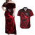 French Polynesia Bora Bora Couples Matching Off Shoulder Maxi Dress and Hawaiian Shirt Polynesian Shark Tattoo With Hibiscus Red Version LT14 Red - Polynesian Pride