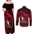 French Polynesia Bora Bora Couples Matching Off Shoulder Maxi Dress and Long Sleeve Button Shirts Polynesian Shark Tattoo With Hibiscus Red Version LT14 - Polynesian Pride