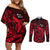 French Polynesia Bora Bora Couples Matching Off Shoulder Short Dress and Long Sleeve Button Shirts Polynesian Shark Tattoo With Hibiscus Red Version LT14 Red - Polynesian Pride