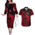 French Polynesia Bora Bora Couples Matching Off The Shoulder Long Sleeve Dress and Hawaiian Shirt Polynesian Shark Tattoo With Hibiscus Red Version LT14 Red - Polynesian Pride