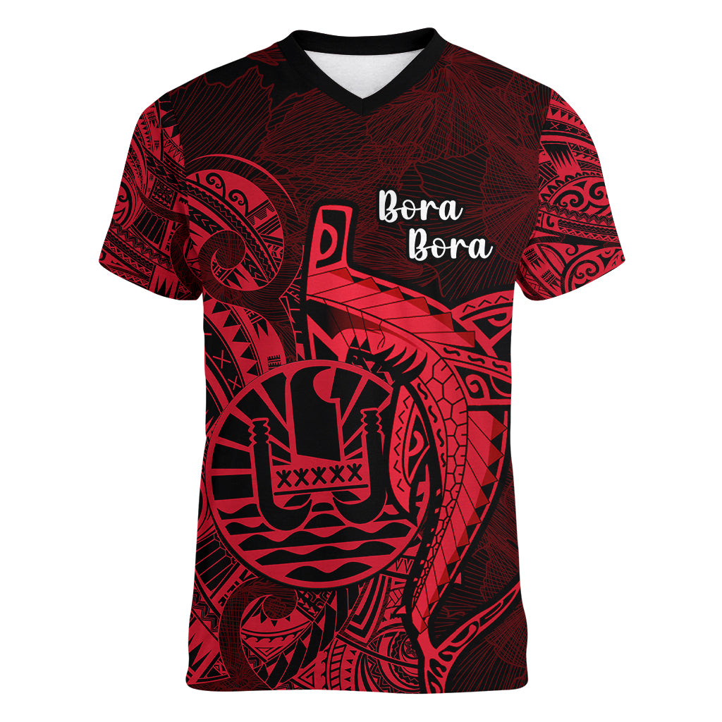 French Polynesia Bora Bora Women V Neck T Shirt Polynesian Shark Tattoo With Hibiscus Red Version LT14 Female Red - Polynesian Pride