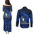 French Polynesia Bora Bora Couples Matching Puletasi Dress and Long Sleeve Button Shirts Polynesian Shark Tattoo With Hibiscus Blue Version LT14 - Polynesian Pride