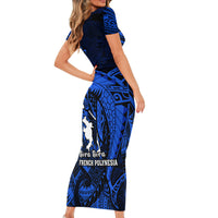 French Polynesia Bora Bora Short Sleeve Bodycon Dress Polynesian Shark Tattoo With Hibiscus Blue Version LT14 - Polynesian Pride