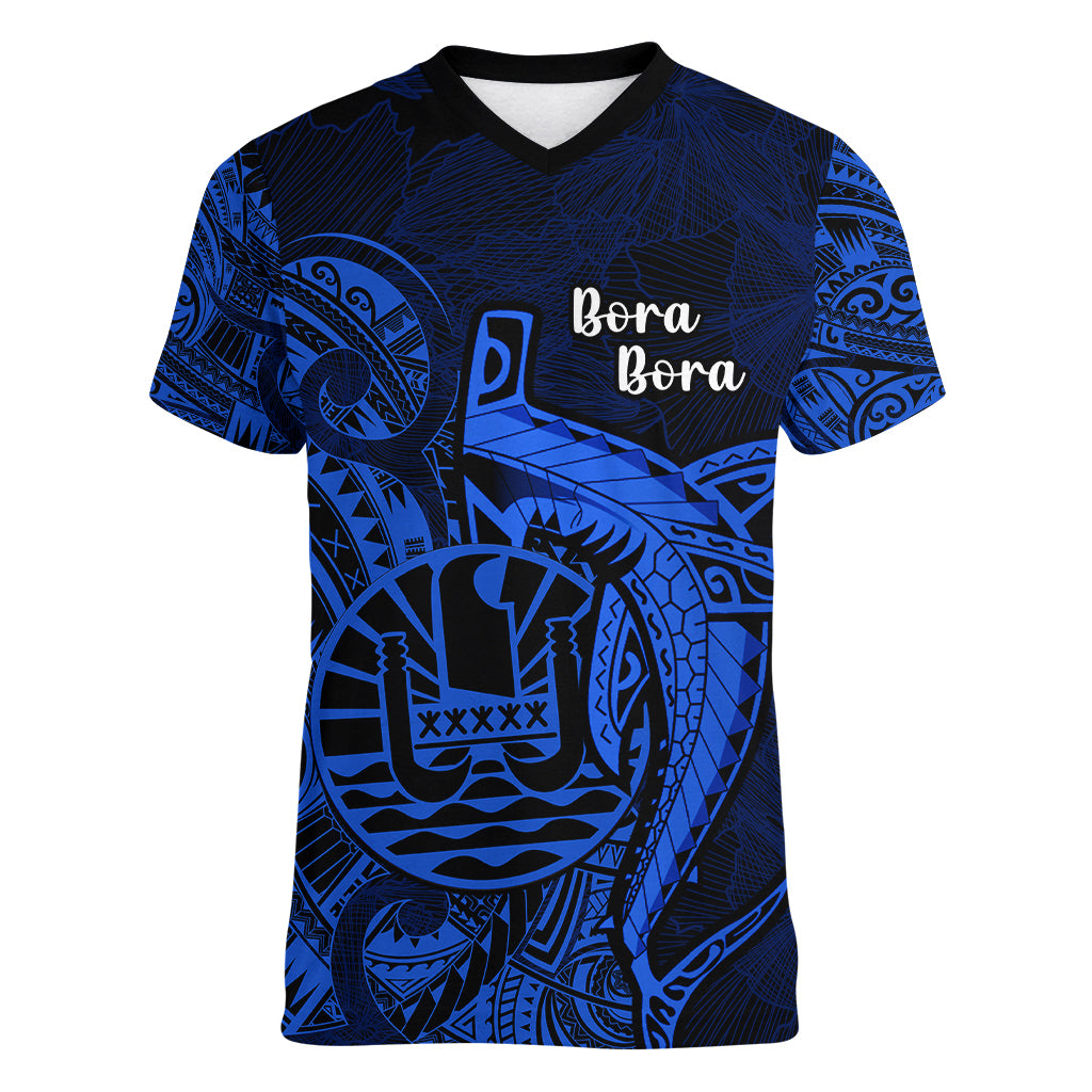 French Polynesia Bora Bora Women V Neck T Shirt Polynesian Shark Tattoo With Hibiscus Blue Version LT14 Female Blue - Polynesian Pride