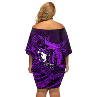 French Polynesia Bora Bora Off Shoulder Short Dress Polynesian Shark Tattoo With Hibiscus Purple Version LT14 - Polynesian Pride