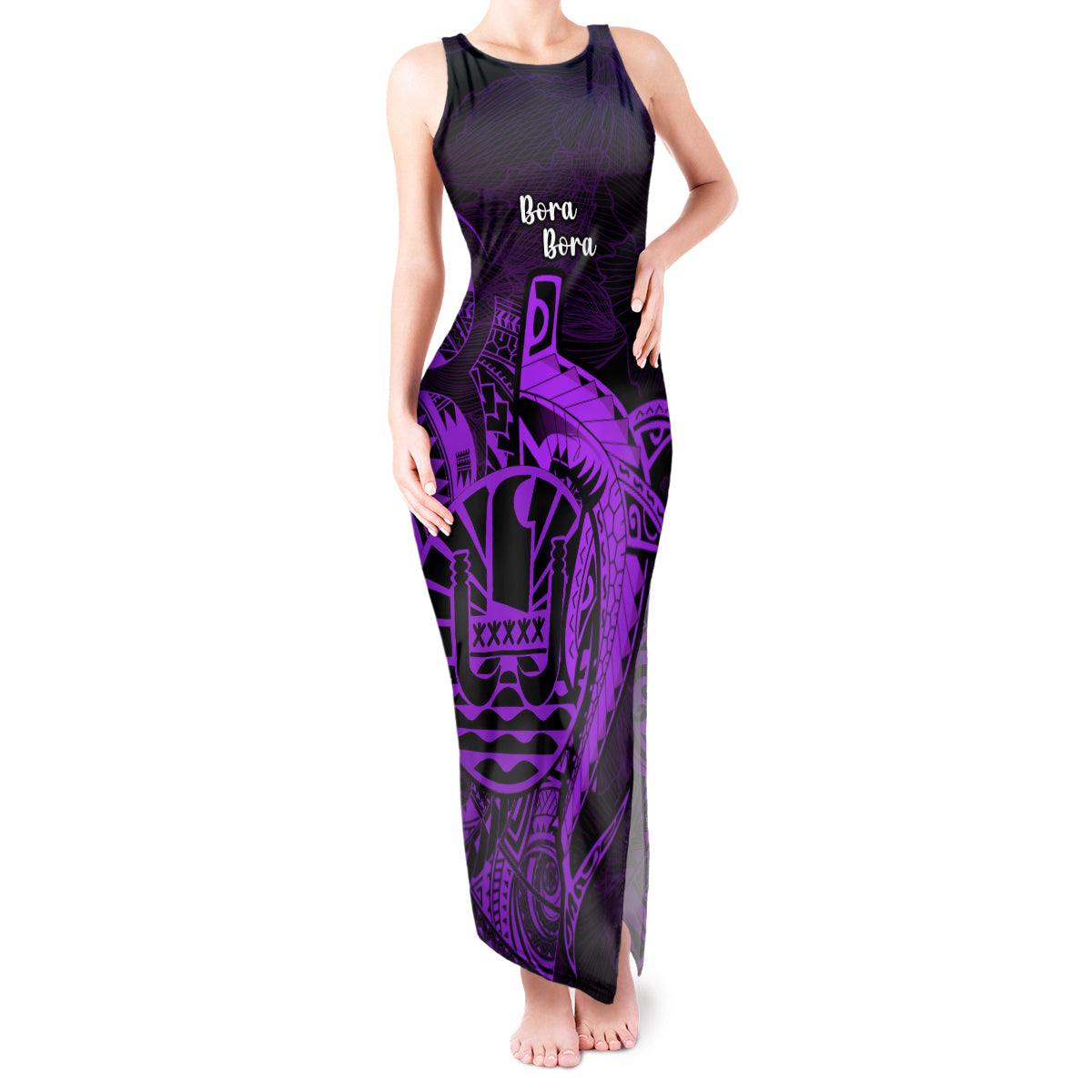 French Polynesia Bora Bora Tank Maxi Dress Polynesian Shark Tattoo With Hibiscus Purple Version LT14 Women Purple - Polynesian Pride