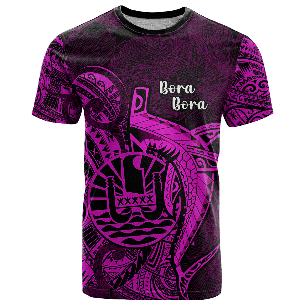 French Polynesia Bora Bora T Shirt Polynesian Shark Tattoo With Hibiscus Pink Version LT14 Pink - Polynesian Pride