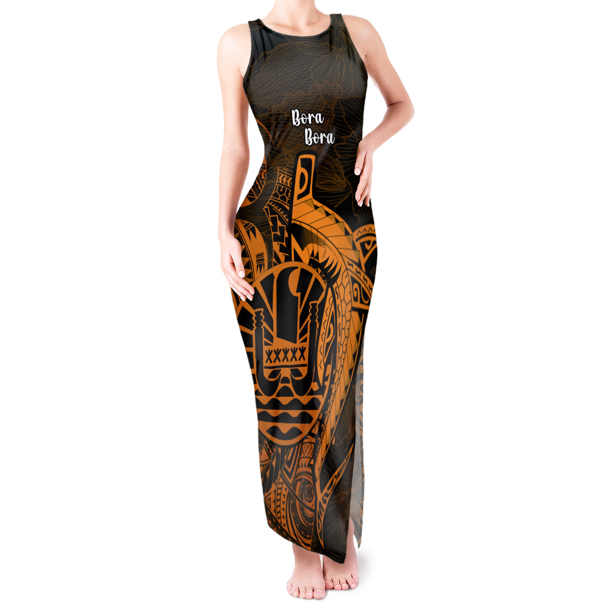 French Polynesia Bora Bora Tank Maxi Dress Polynesian Shark Tattoo With Hibiscus Red Version LT14 Women Gold - Polynesian Pride