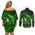 French Polynesia Bora Bora Couples Matching Off Shoulder Short Dress and Long Sleeve Button Shirts Polynesian Shark Tattoo With Hibiscus Green Version LT14 - Polynesian Pride