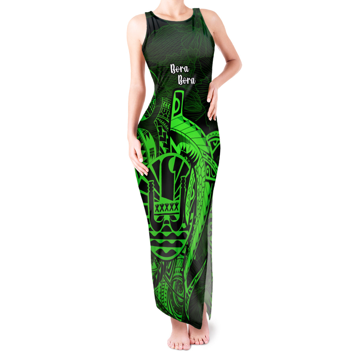 French Polynesia Bora Bora Tank Maxi Dress Polynesian Shark Tattoo With Hibiscus Green Version LT14 Women Green - Polynesian Pride