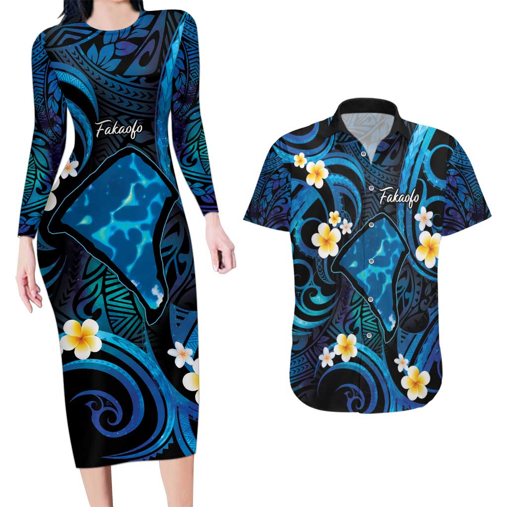 Tokelau Fakaofo Atoll Couples Matching Long Sleeve Bodycon Dress and Hawaiian Shirt Polynesian Tattoo Plumeria With Map