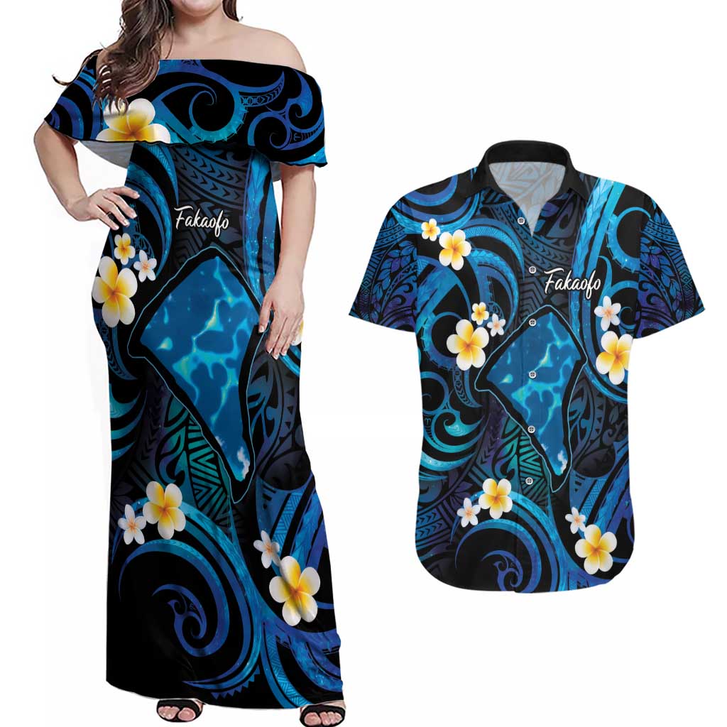 Tokelau Fakaofo Atoll Couples Matching Off Shoulder Maxi Dress and Hawaiian Shirt Polynesian Tattoo Plumeria With Map