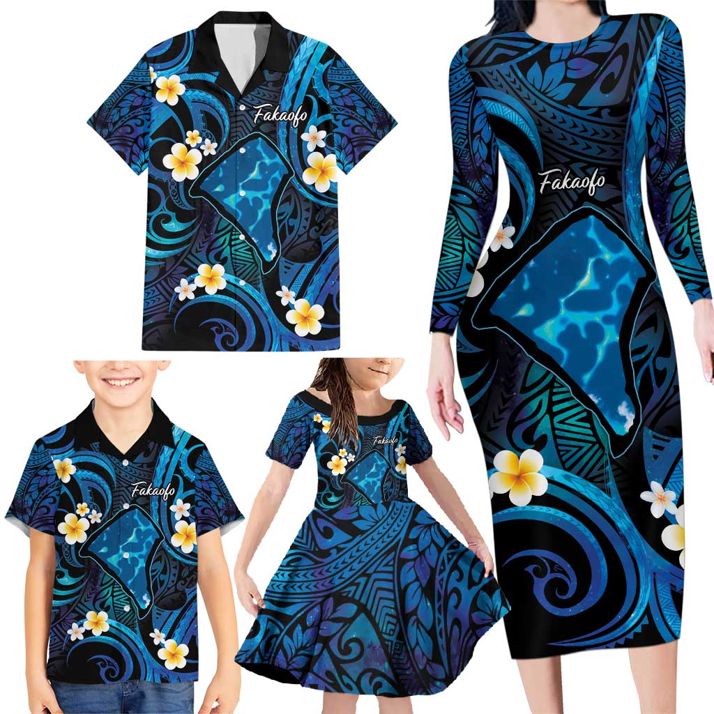 Tokelau Fakaofo Atoll Family Matching Long Sleeve Bodycon Dress and Hawaiian Shirt Polynesian Tattoo Plumeria With Map