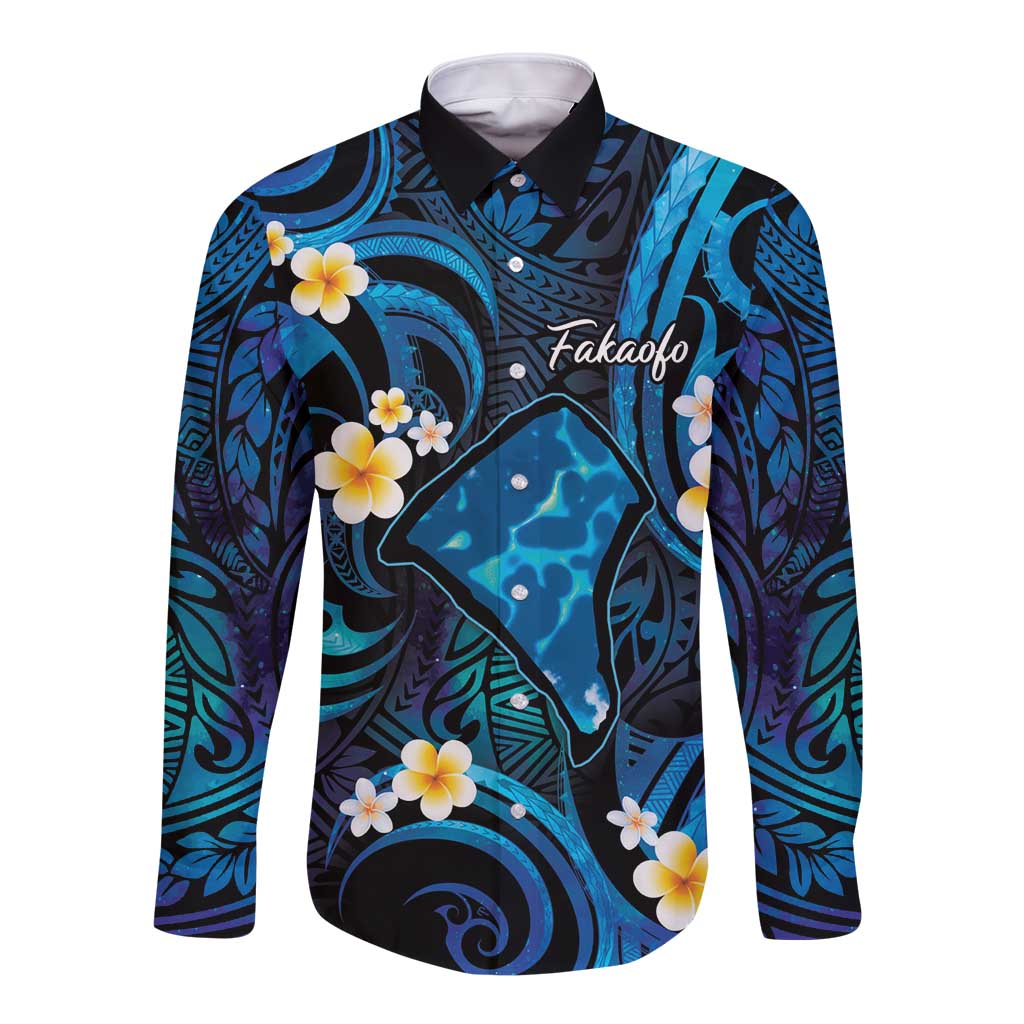 Tokelau Fakaofo Atoll Long Sleeve Button Shirt Polynesian Tattoo Plumeria With Map LT14 Unisex Blue - Polynesian Pride