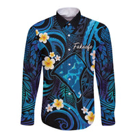 Tokelau Fakaofo Atoll Long Sleeve Button Shirt Polynesian Tattoo Plumeria With Map LT14 Unisex Blue - Polynesian Pride