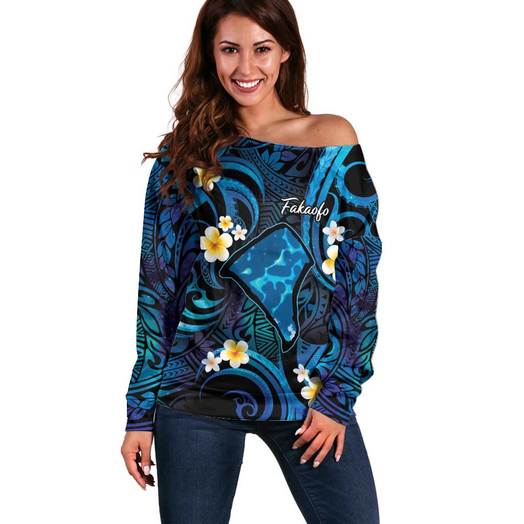 Tokelau Fakaofo Atoll Off Shoulder Sweater Polynesian Tattoo Plumeria With Map LT14 Women Blue - Polynesian Pride