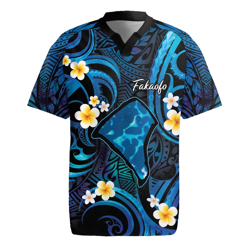 Tokelau Fakaofo Atoll Rugby Jersey Polynesian Tattoo Plumeria With Map LT14 Blue - Polynesian Pride
