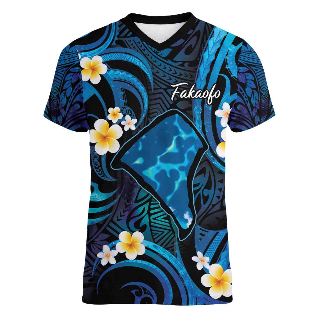 Tokelau Fakaofo Atoll Women V-Neck T-Shirt Polynesian Tattoo Plumeria With Map