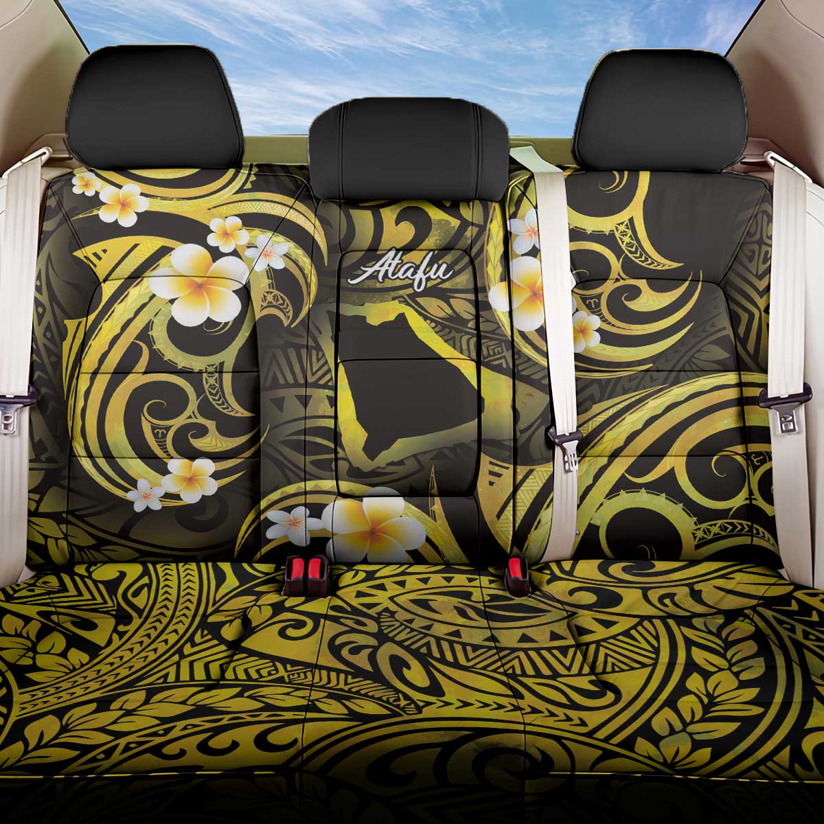Tokelau Atafu Atoll Back Car Seat Cover Polynesian Tattoo Plumeria With Map LT14 One Size Gold - Polynesian Pride