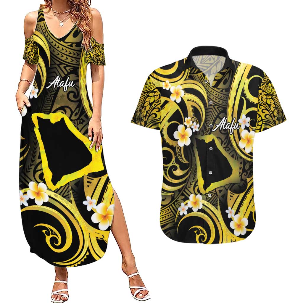 Tokelau Atafu Atoll Couples Matching Summer Maxi Dress and Hawaiian Shirt Polynesian Tattoo Plumeria With Map