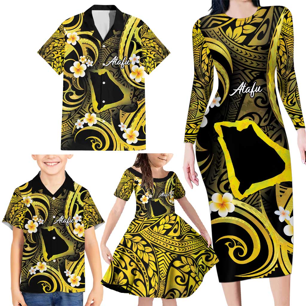 Tokelau Atafu Atoll Family Matching Long Sleeve Bodycon Dress and Hawaiian Shirt Polynesian Tattoo Plumeria With Map