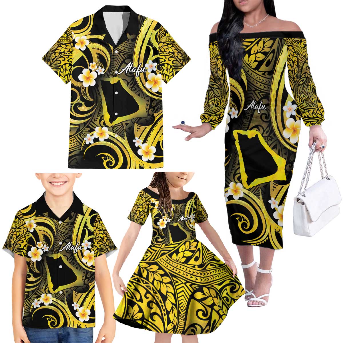 Tokelau Atafu Atoll Family Matching Off The Shoulder Long Sleeve Dress and Hawaiian Shirt Polynesian Tattoo Plumeria With Map