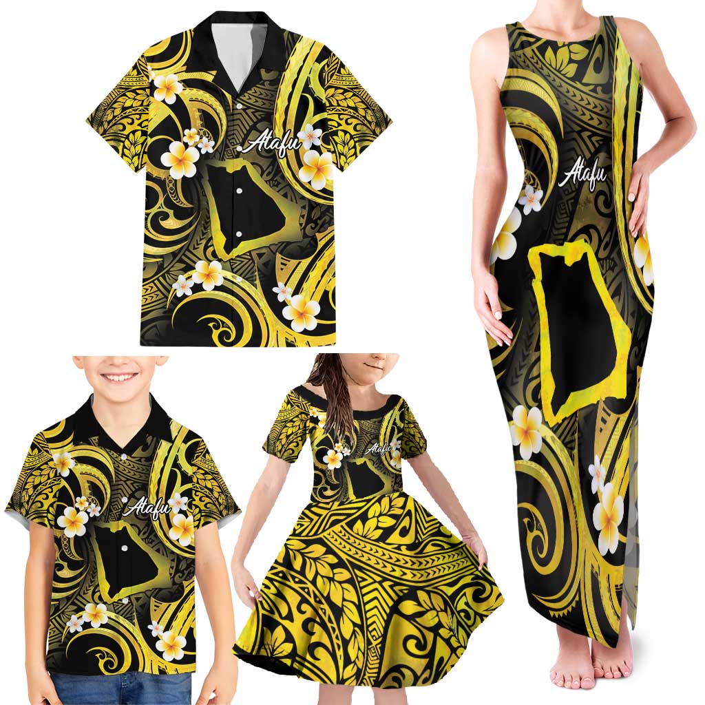 Tokelau Atafu Atoll Family Matching Tank Maxi Dress and Hawaiian Shirt Polynesian Tattoo Plumeria With Map