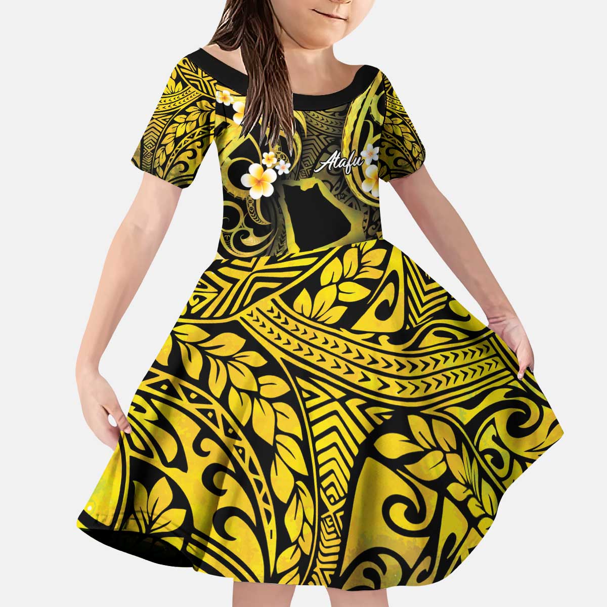 Tokelau Atafu Atoll Kid Short Sleeve Dress Polynesian Tattoo Plumeria With Map LT14 KID Gold - Polynesian Pride