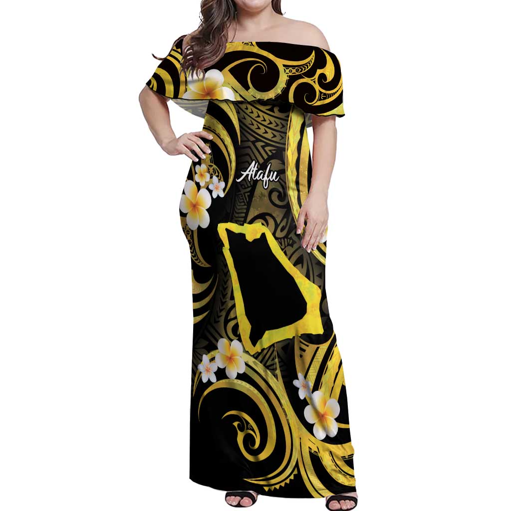 Tokelau Atafu Atoll Off Shoulder Maxi Dress Polynesian Tattoo Plumeria With Map