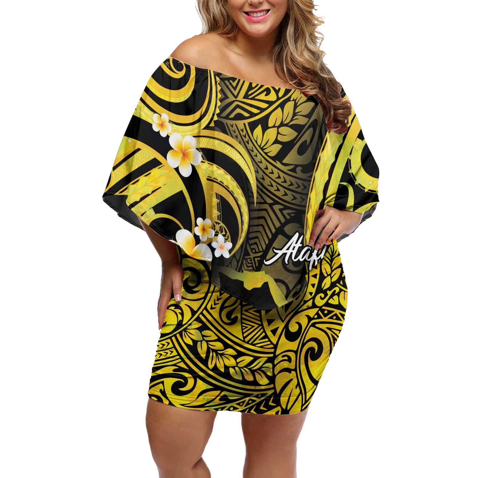Tokelau Atafu Atoll Off Shoulder Short Dress Polynesian Tattoo Plumeria With Map LT14 Women Gold - Polynesian Pride