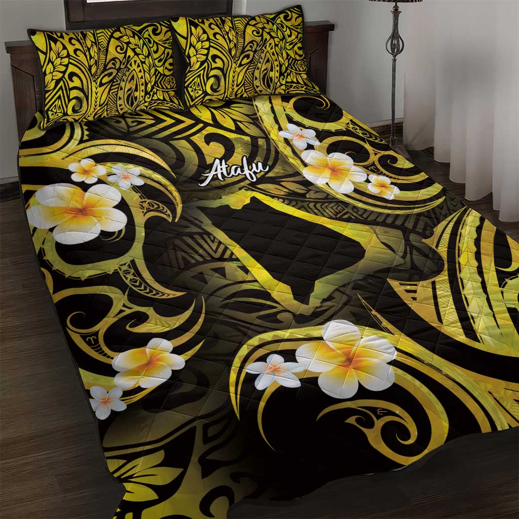 Tokelau Atafu Atoll Quilt Bed Set Polynesian Tattoo Plumeria With Map