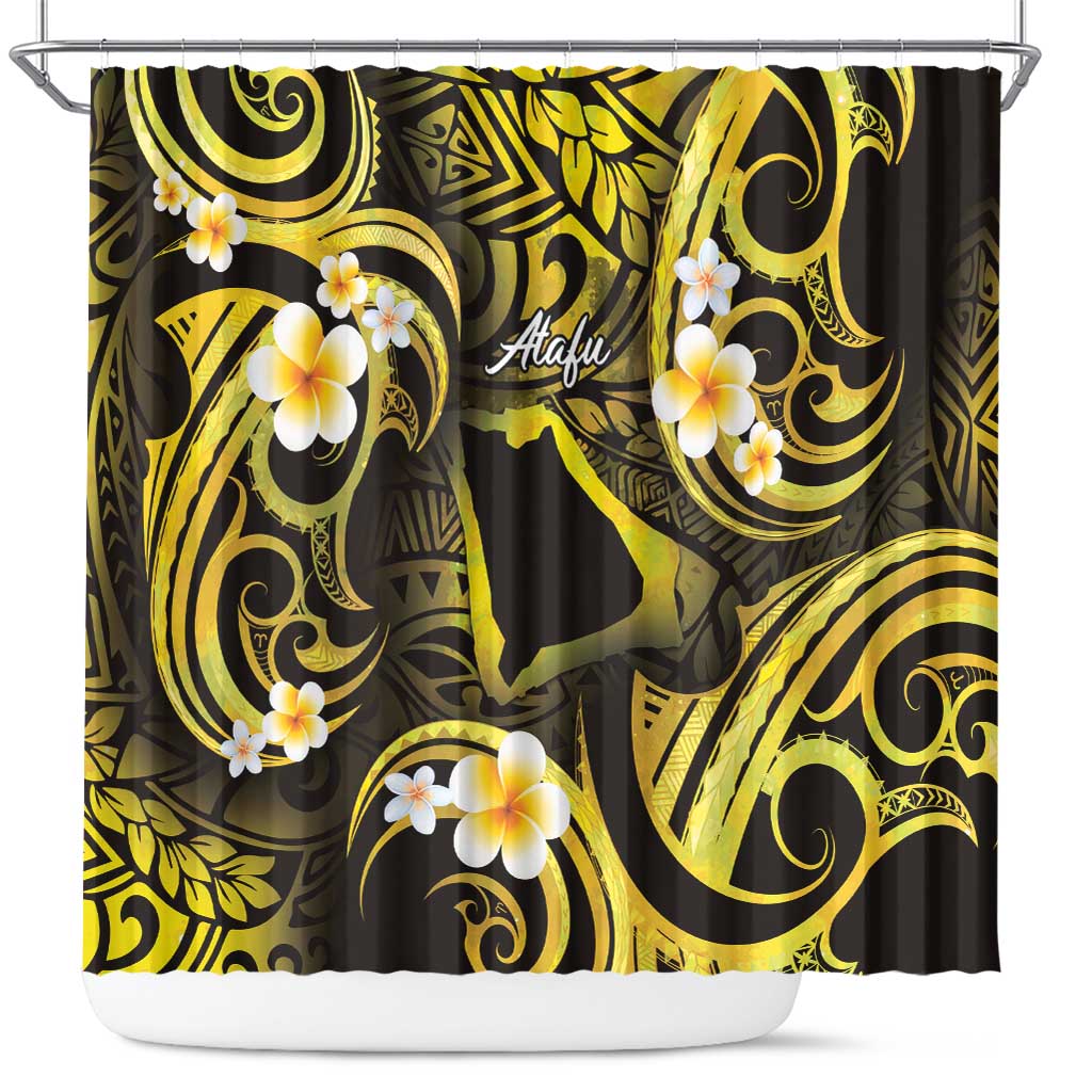 Tokelau Atafu Atoll Shower Curtain Polynesian Tattoo Plumeria With Map LT14 Gold - Polynesian Pride
