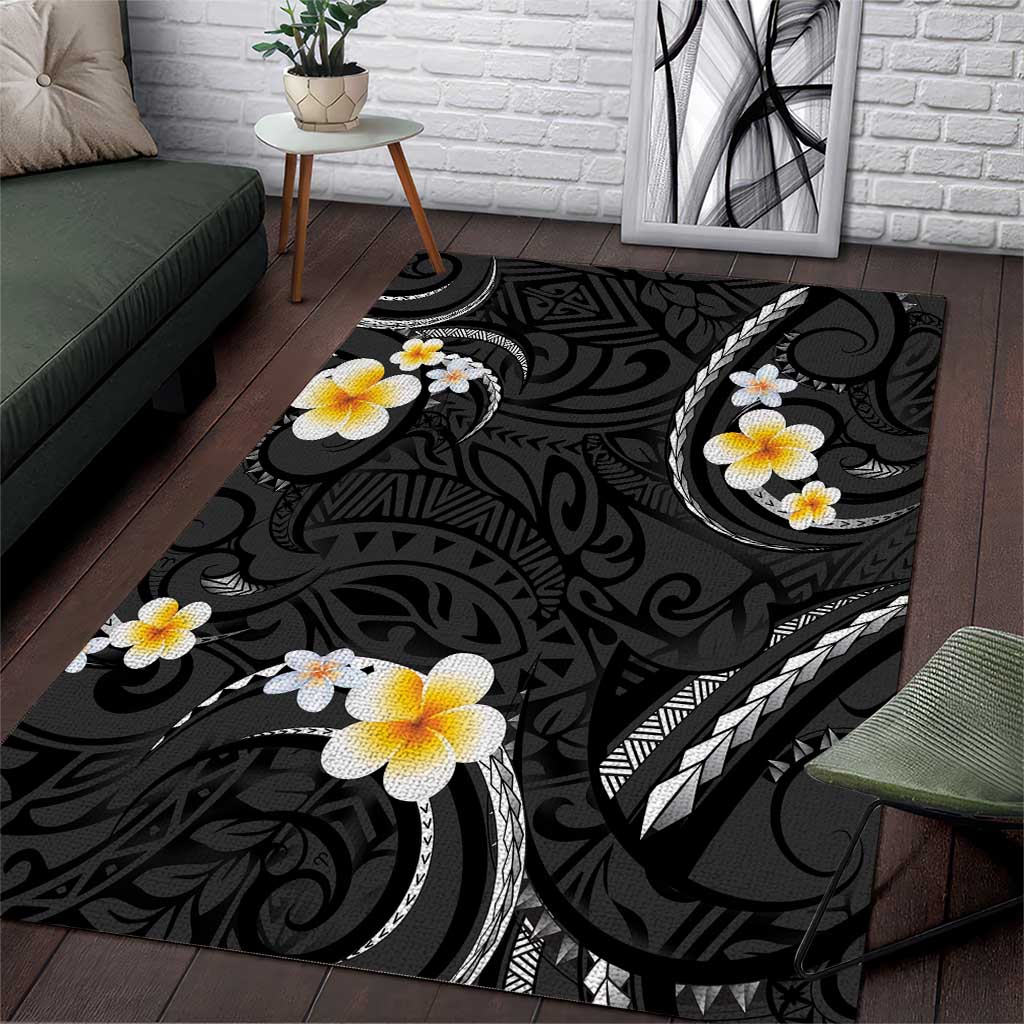 Black And Gray Area Rug Curves Polynesian Tattoo Mix Plumeria Flowers