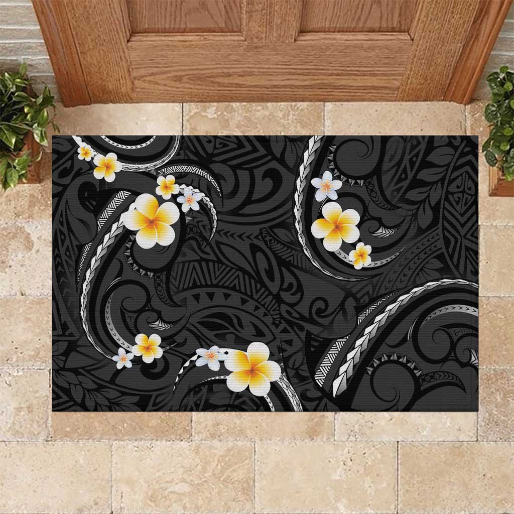 Black And Gray Rubber Doormat Curves Polynesian Tattoo Mix Plumeria Flowers LT14 Gray - Polynesian Pride