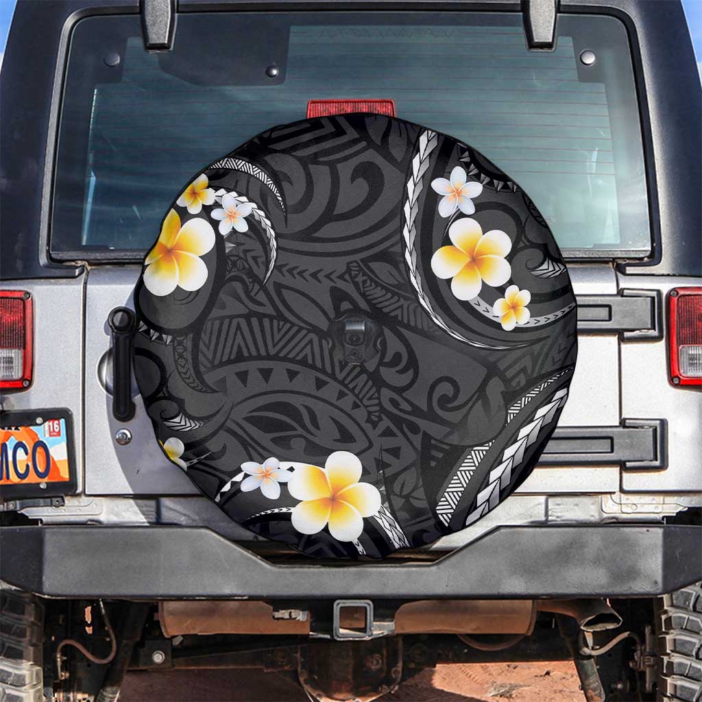 Black And Gray Spare Tire Cover Curves Polynesian Tattoo Mix Plumeria Flowers