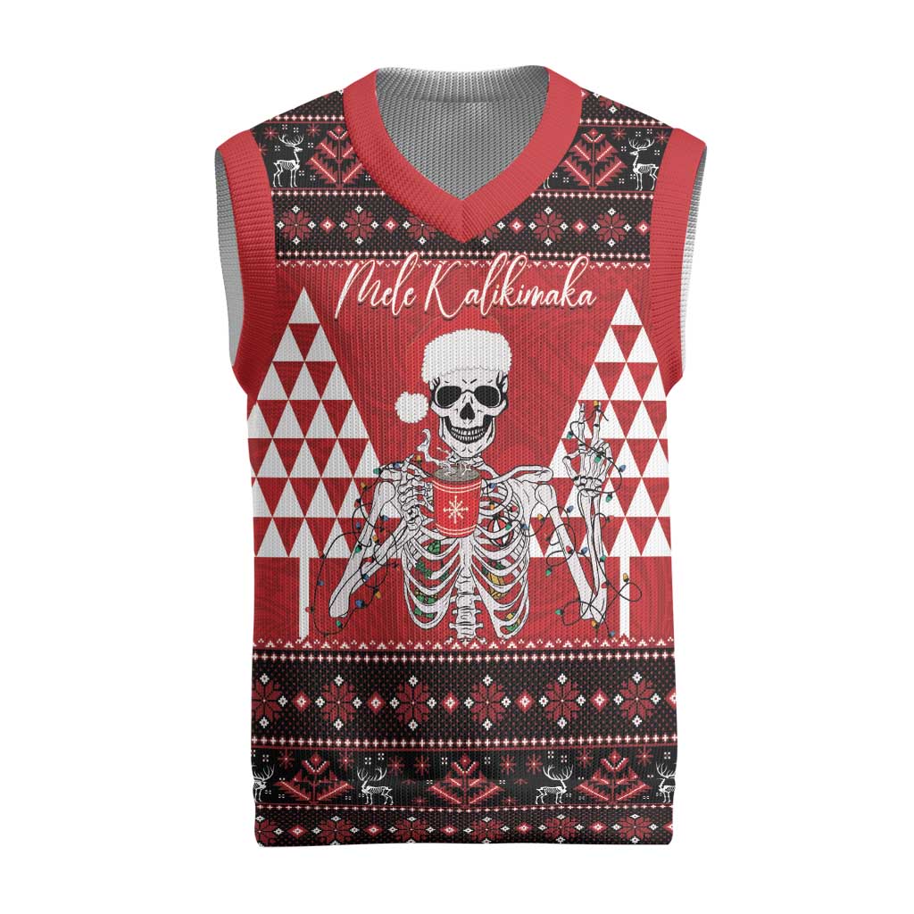 Personalized Hawaii Skull Christmas Knitted V-Neck Vest Mele Kalikimaka Hawaiian Kakau LT14 Red - Polynesian Pride