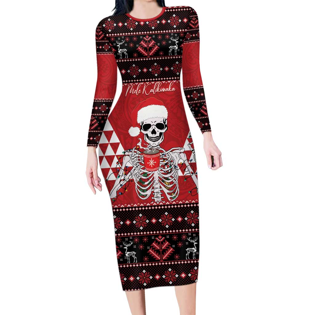 Personalized Hawaii Skull Christmas Long Sleeve Bodycon Dress Mele Kalikimaka Hawaiian Kakau LT14 Long Dress Red - Polynesian Pride