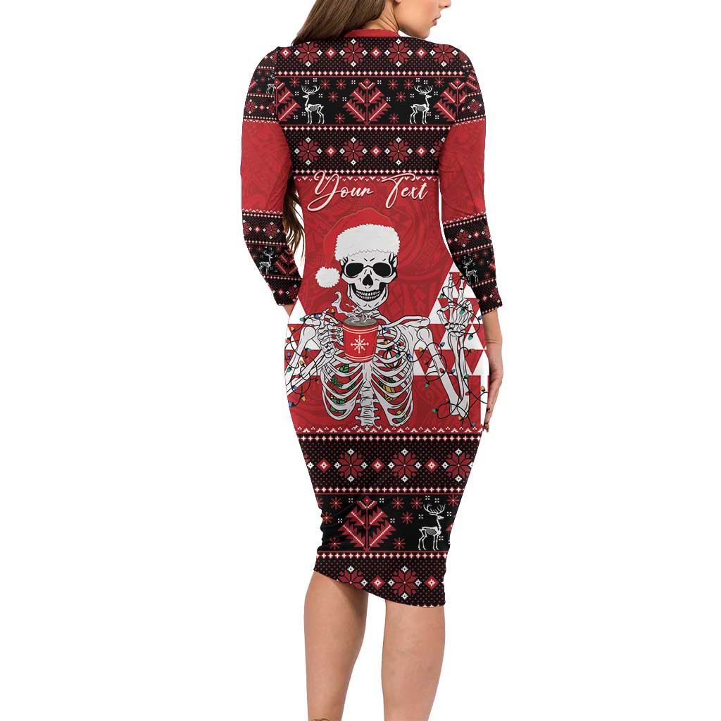 Personalized Hawaii Skull Christmas Long Sleeve Bodycon Dress Mele Kalikimaka Hawaiian Kakau LT14 - Polynesian Pride