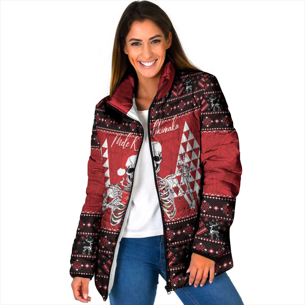 Personalized Hawaii Skull Christmas Padded Jacket Mele Kalikimaka Hawaiian Kakau LT14 Women Red - Polynesian Pride