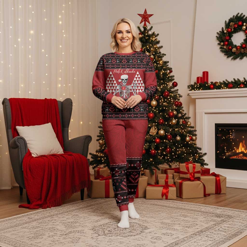 Personalized Hawaii Skull Christmas Pajama Set Mele Kalikimaka Hawaiian Kakau LT14 Women Red - Polynesian Pride