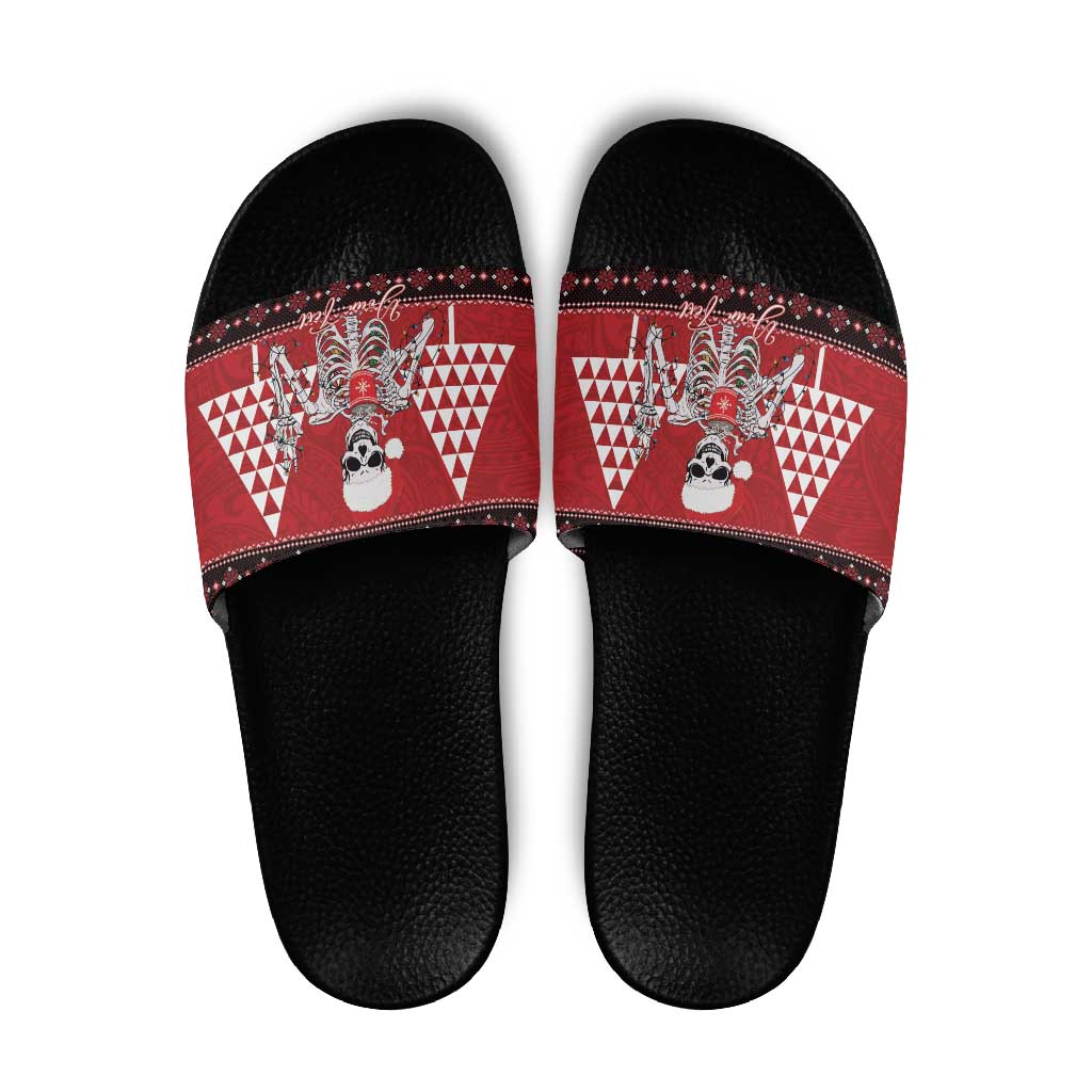 Personalized Hawaii Skull Christmas Slide Sandals Mele Kalikimaka Hawaiian Kakau LT14 Red - Polynesian Pride