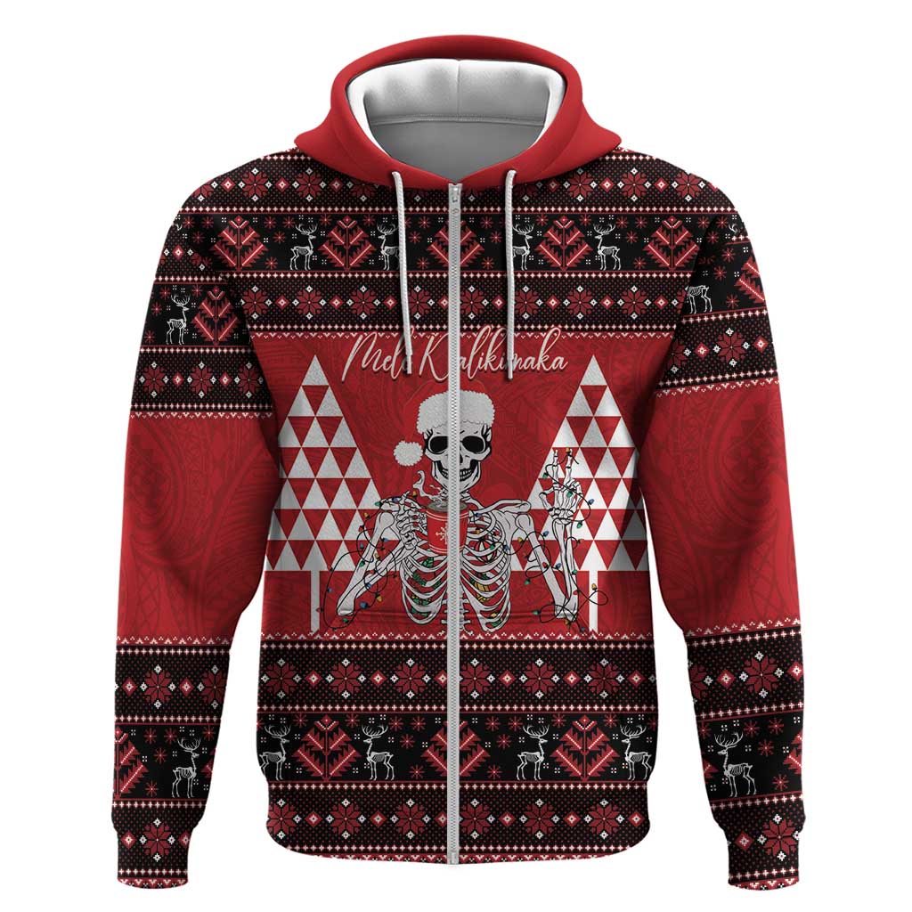 Personalized Hawaii Skull Christmas Zip Hoodie Mele Kalikimaka Hawaiian Kakau LT14 Zip Hoodie Red - Polynesian Pride