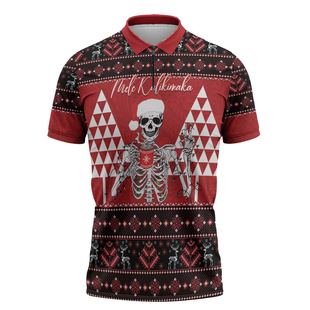 Personalized Hawaii Skull Christmas Zipper Polo Shirt Mele Kalikimaka Hawaiian Kakau LT14 Red - Polynesian Pride