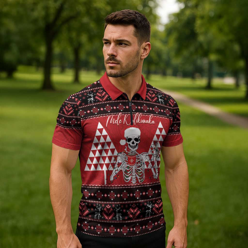 Personalized Hawaii Skull Christmas Zipper Polo Shirt Mele Kalikimaka Hawaiian Kakau LT14 - Polynesian Pride