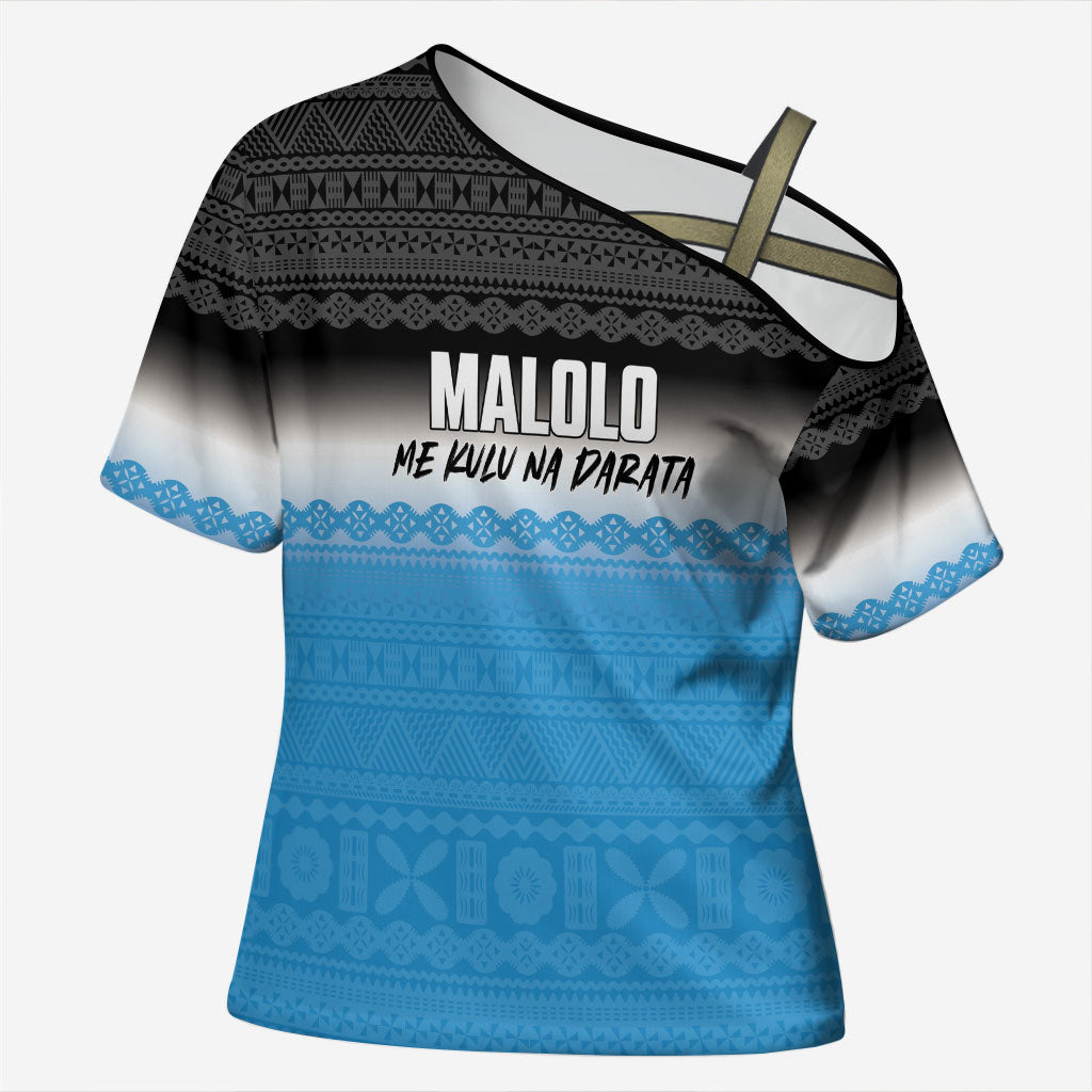 Malolo Fiji 2026 Rugby Personalised Cross Shoulder Shirt Me Kulu Na Darata Fijian Tapa Pattern LT14 Female Blue - Polynesian Pride