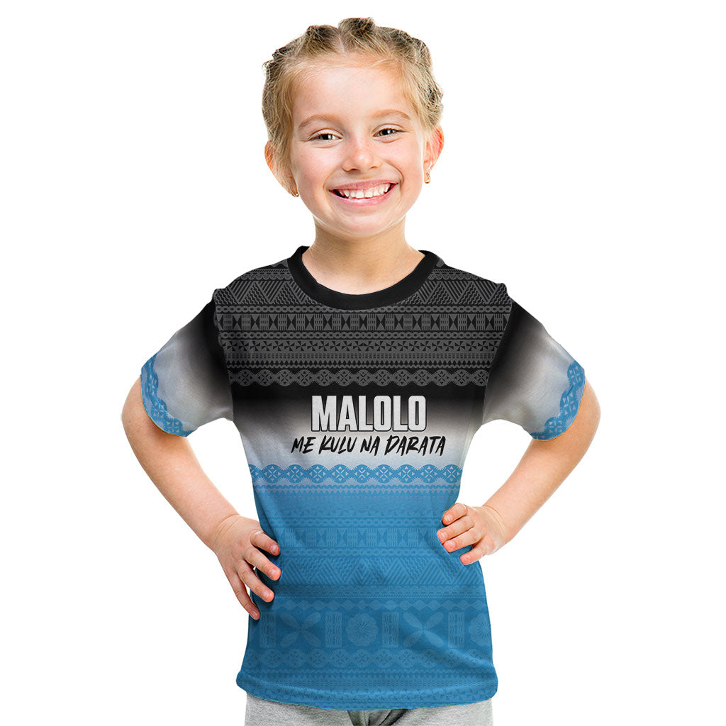 Malolo Fiji 2026 Rugby Personalised Kid T Shirt Me Kulu Na Darata Fijian Tapa Pattern LT14 Blue - Polynesian Pride
